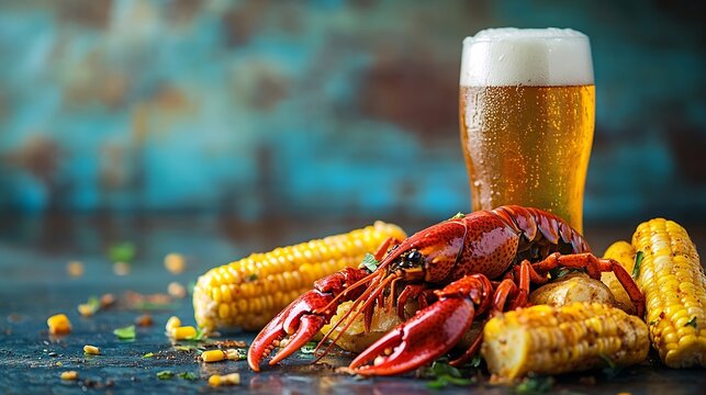 Crawfish boiled Louisianawith corn on the cob potatoes Crawfish boiled in Cajun seasonings and herbswith beer New Orleans Cajun or Creole cuisine blue background : Generative AI