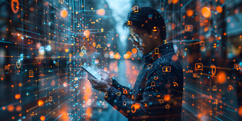 Man Using Smartphone with Digital Data Network Overlay, Technology and Data Visualization Concept with Person on Phone