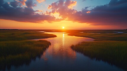 Fototapeta premium sunset over the salt marsh of pawleys island soun : Generative AI