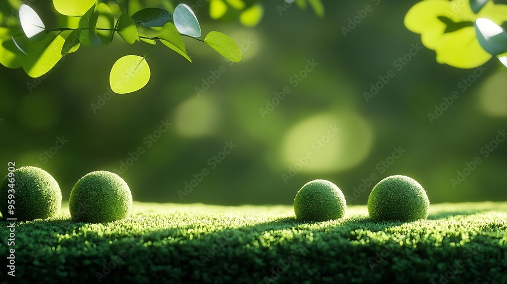 Poster premium empty scene with grass balls on moss on a green background with the shadow of plant leaves p