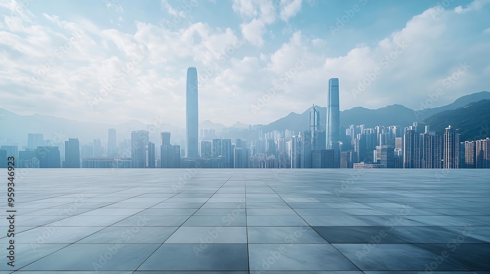 Leinwandbilder empty square floor and city skyline with mountain scenery in shenzhen : generative ai