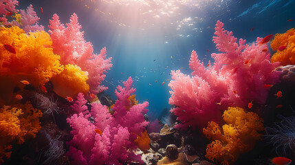 Fototapeta premium Vibrant Underwater Coral Reef with Sunbeams, Photo