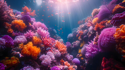 Naklejka premium Vibrant Underwater Coral Reef with Sunbeams Illustration