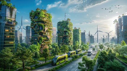 Obraz premium Modern city design highlighting sustainability, with green architecture, vertical gardens, solar panels, eco-friendly transport systems, wind turbines, solar farms, and abundant greenery in public 