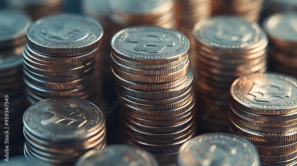 Poster stack of silver coins presentation at table going up as symbol of prosperity and rising income close