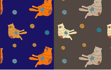 The cat knits with threads, mystical cat, cute cat, threads, orange, red, child, pattern, vector, textile,
