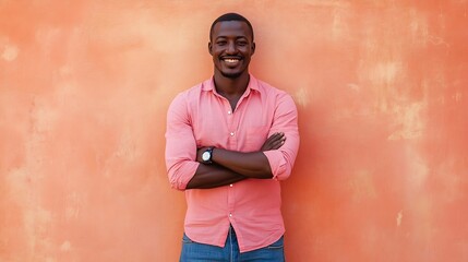Obraz premium African man vertical Full height portrait in a pink shirt and blue jeans stands in front of a wall He is smiling and he is enjoying himself : Generative AI