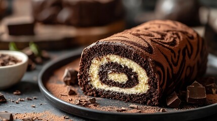 slice of chocolate swiss roll cake or bolu gulung coklat made with sponge cake base layer of butter cream then rolled into roll cake Its perfect for celebration served on plate selecte : Generative AI