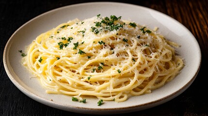 spaghetti espaguete ao molho branco de queijos with white cheese sauce isolated on black background in white plate with selective focus : Generative AI