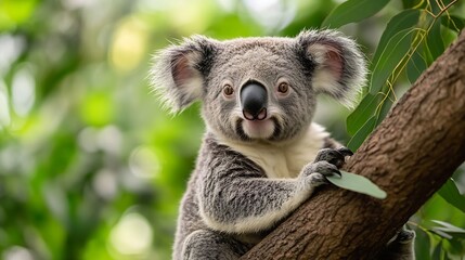 Naklejka premium Closeup of a Koala Phascolarctos cinereus sitting on a tree fork looking at camera green foliage in the background Koalas are native Australian marsupials : Generative AI