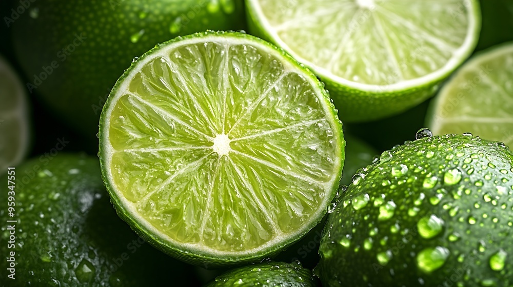 Poster natural fresh lime and lime cut in half fresh ripe green limes as backgroundtop view : generative ai
