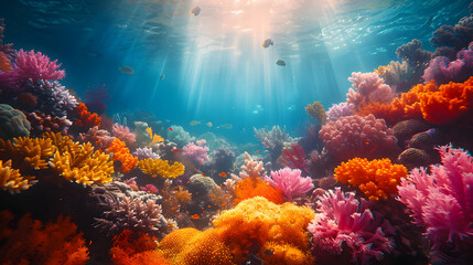 Fototapeta premium Vibrant Underwater Coral Reef Scene with Sun Rays and Fish - Realistic Image