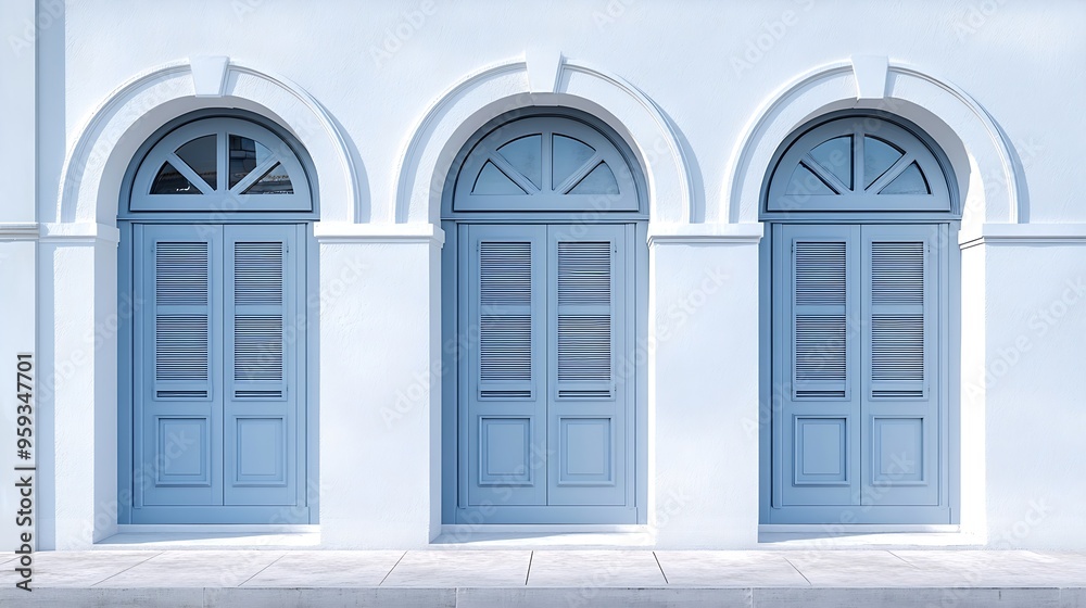 Poster closed gray arched shutters on a white facade concrete sidewalk and street in front background for c