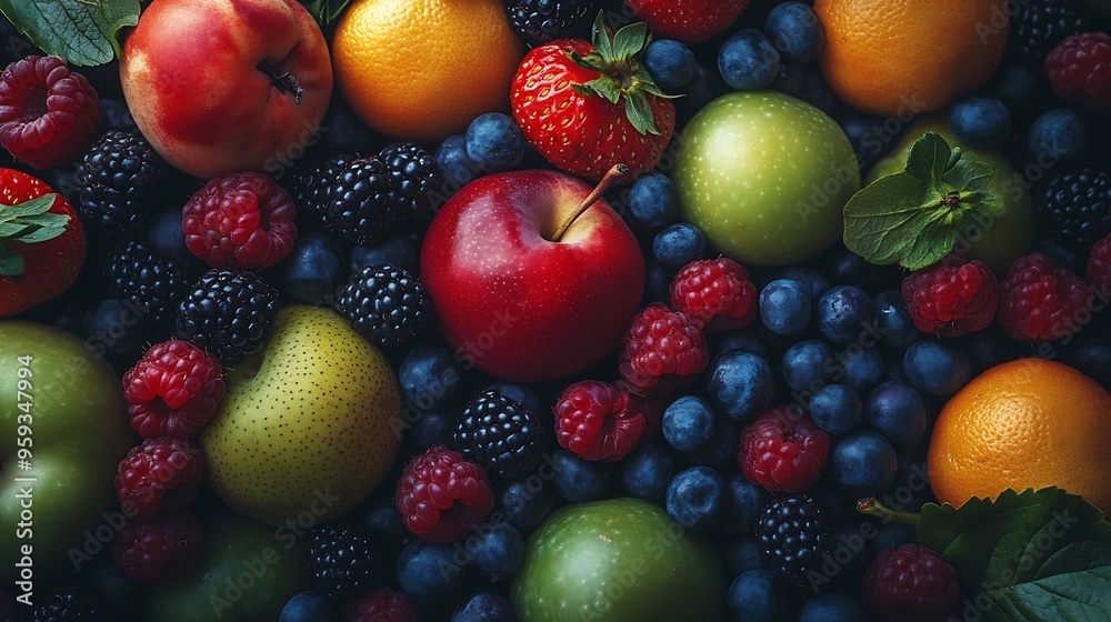 Poster Different ripe fruits and berries as background top view : Generative AI