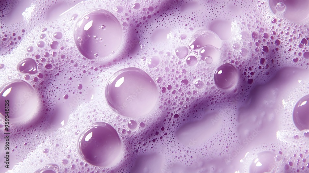 Poster Foam swatch on a lilac background Soapy liquid texture with bubbles Natural sunshine and shadows Skin care cleansing cosmetic in top view : Generative AI
