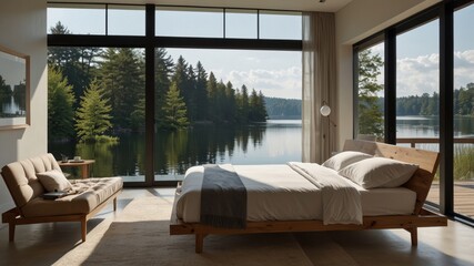 Minimalist Modern Bedroom with a Lake View