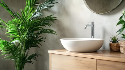 Fototapeta premium Modern minimalist bathroom interior modern bathroom cabinet white sink wooden vanity interior plants bathroom accessories bathtub and shower white and beige walls concrete floor : Generative AI
