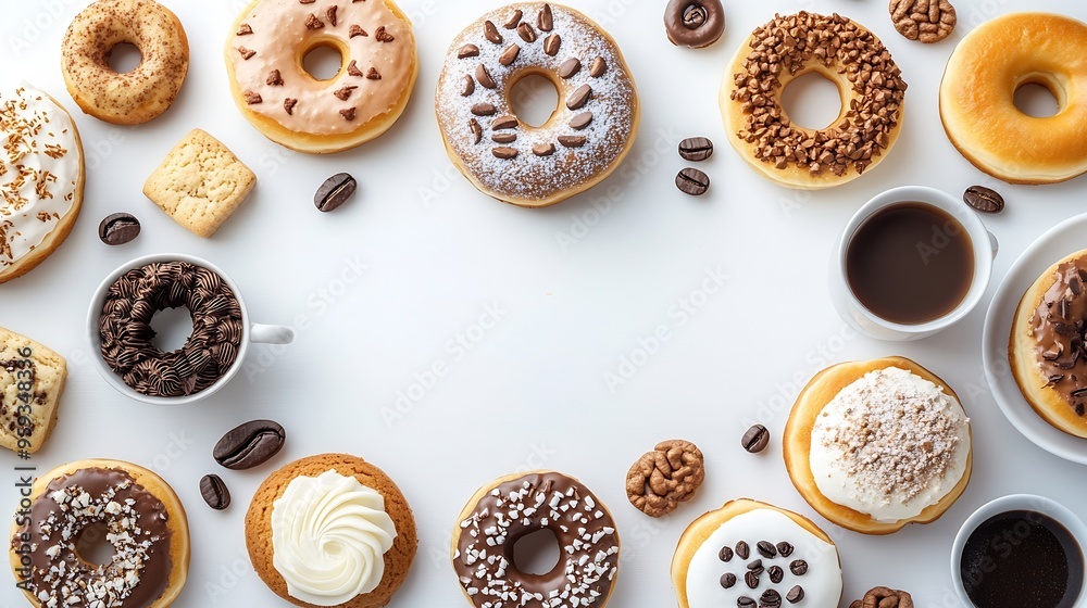Poster Table with various cookies donuts cakes cheesecakes and coffee cups on white background  Delicious dessert table Top view flat lay copy space : Generative AI