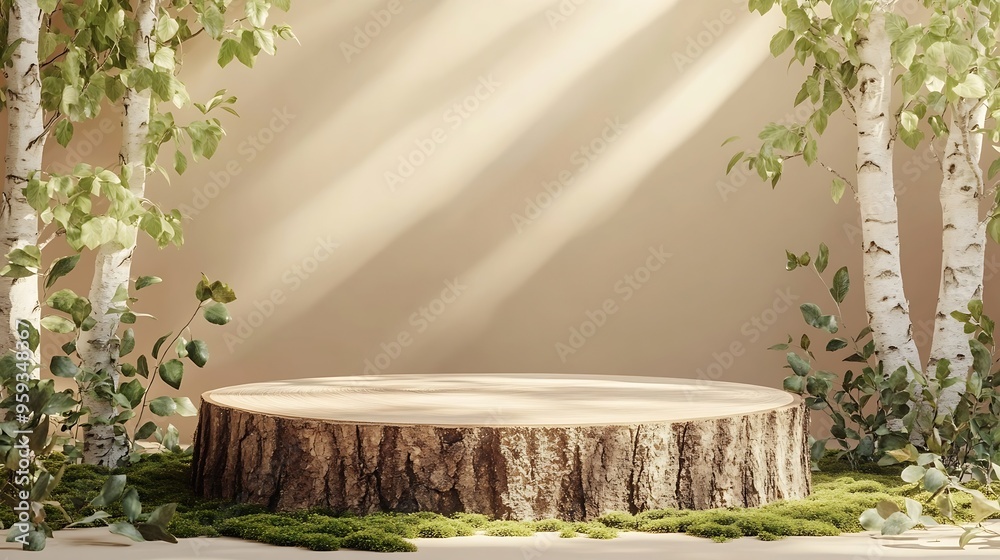 Aufkleber wood podium platform on beige background with bark of birch wood branch green moss empty showcase fo
