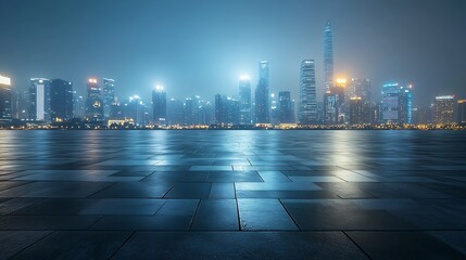 Empty square floor and brick wall buildings with city skyline in Shenzhen at night China : Generative AI