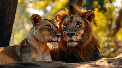 Fototapeta premium A lion and lioness are seen in Mana Pools National Park on Zimbabwe on 17 October 2023 : Generative AI