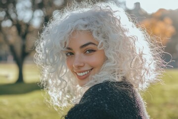 Fototapeta premium Smiling Woman with Curly Hair Outdoors in Sunlight. Generative AI.