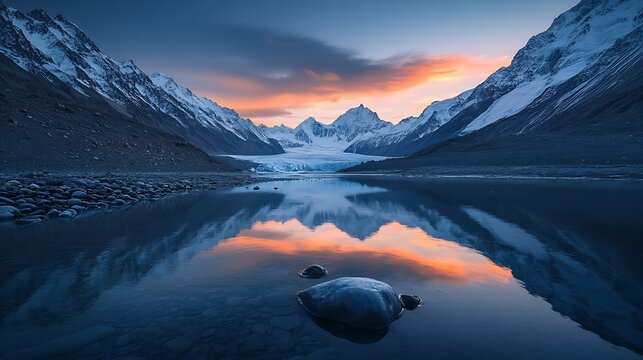 Zanskar valley after sunset with a glacier at the background : Generative AI