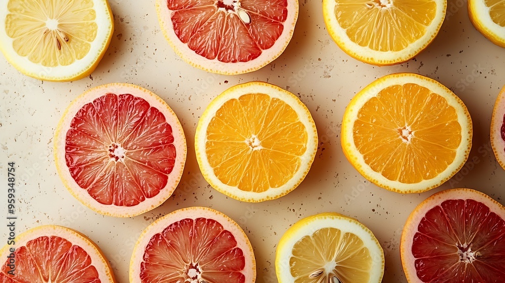 Poster creative layout made of grapefruit orange fruit and lemon on the beige background food concept macro