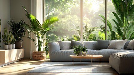 Interior of light living room with grey sofas coffee table houseplants and big window : Generative AI