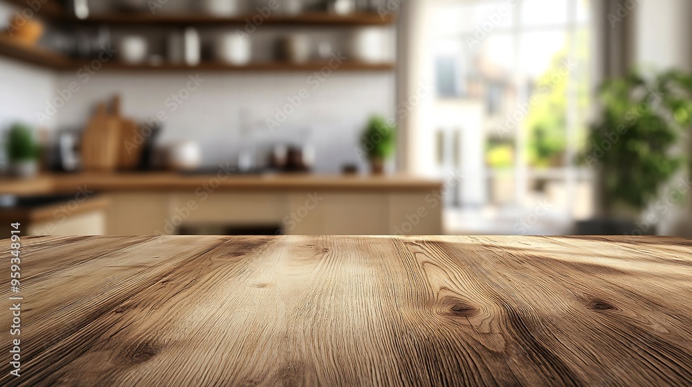 Poster kitchen table background wood counter top on blur of white clean abstract home interior with bokeh u