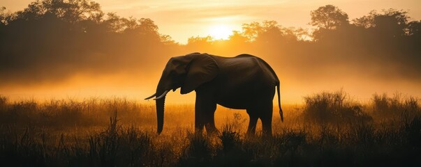 Elephant silhouetted against the early morning light in the jungle, creating a serene and powerful image