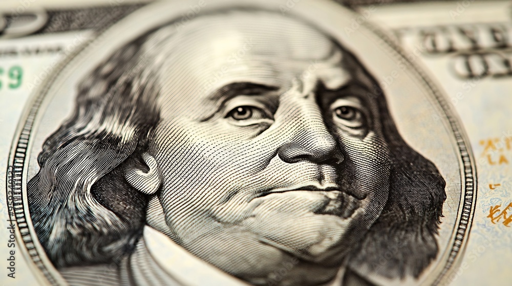Poster High resolution macro image of Benjamin Franklin on the one hundred US Dollar bill Close up : Generative AI