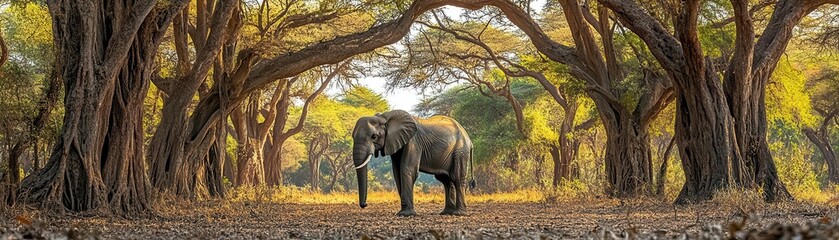 Fototapeta premium Elephant standing in a jungle clearing, surrounded by tall, ancient trees, a majestic and calm presence