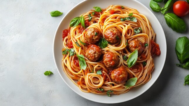 Pasta spaghetti with meat ball in tomato sauce on a plate over light grey slate stone or concrete background Top view with copy space : Generative AI