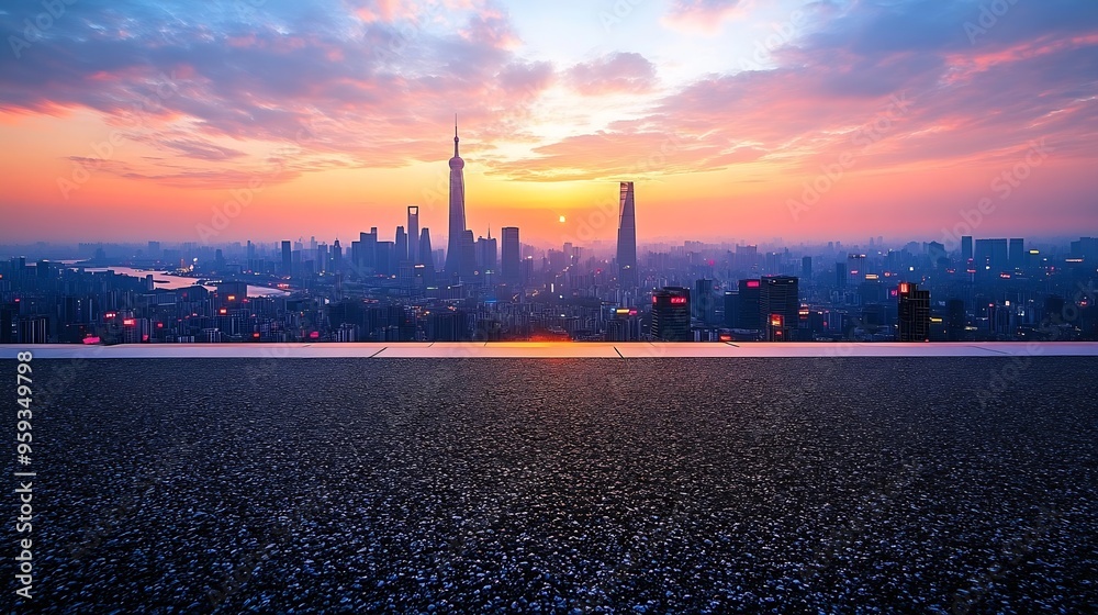 Poster asphalt road platform and city skyline with skyscraper at sunset in shanghai china high angle view :