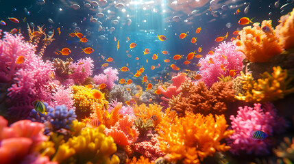 Obraz premium Vibrant Underwater Coral Reef Scene with Colorful Fish - Digital Illustration