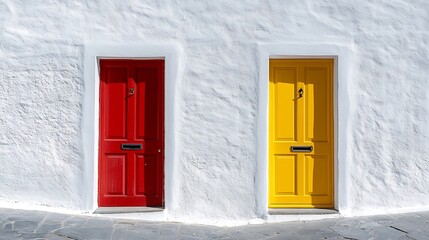 Red and yellow door side by side on white building facade basking in sunlight : Generative AI