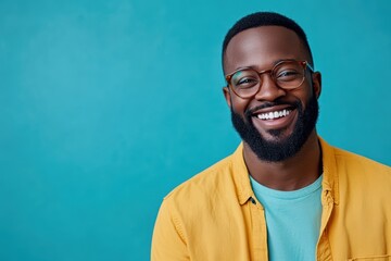 Obraz premium Smiling Black Man with Glasses and Beard, Teal Background. Generative AI.