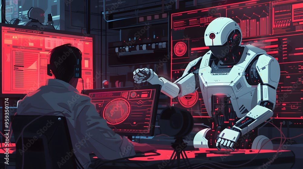 Poster a futuristic scene showcasing a scientist interacting with an advanced robot in a tech-savvy environ