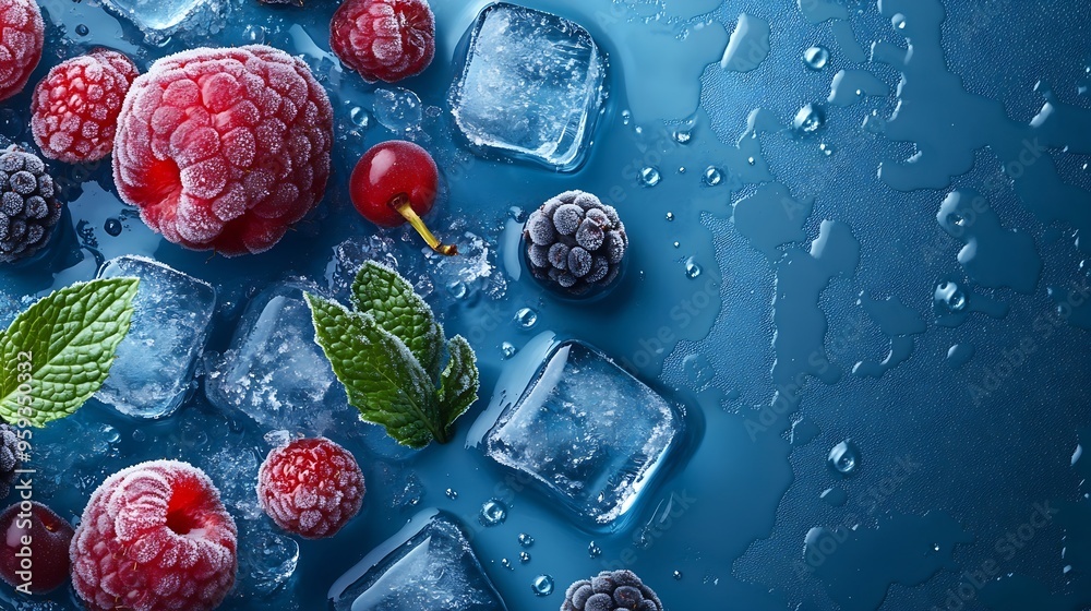 Aufkleber blue background with ice cubes with frozen berries and fruits and mint : generative ai