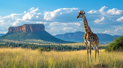 Fototapeta premium Giraffe Giraffa Camelopardalis panorama in African Savannah with a butte geological formation Entabeni Safari Reserve Limpopo Province South Africa : Generative AI