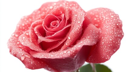 A stunning red rose with dew-kissed petals, isolated on a crisp white background, macro photography, ultra-detailed texture, ideal for romantic designs.