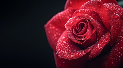 High-definition close-up of a red rose with water droplets, black background, vivid crimson petals, hyper-realistic, soft light reflections, creating a romantic, luxurious mood.