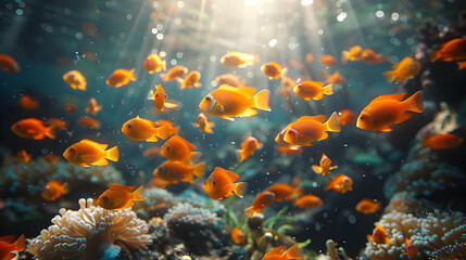 Naklejka premium Orange Fish Swimming in a Coral Reef Underwater Realistic Image