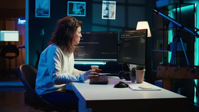 Tired woman hurting from too much stress accumulated while doing software quality assurance on computer. Developer suffers from headache after inspecting coding on PC for too long, camera B