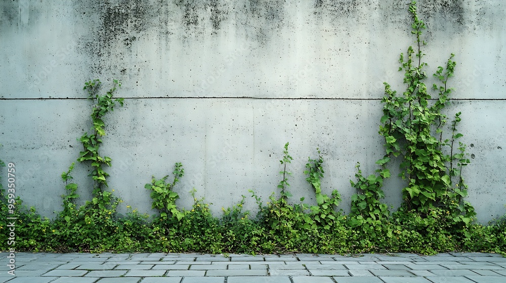 Aufkleber grunge concrete wall at the roadiside with tiled cement sidewalk overgrown with weeds background for