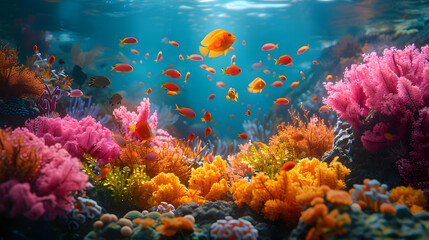 Naklejka premium Vibrant Underwater Scene with Colorful Fish and Corals - Illustration