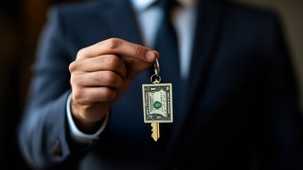 Real estate agent hold money dollars and house keys Real estate sdemonstrating keys Buying new home Handsome real estate agent in suit showing the house for sale : Generative AI