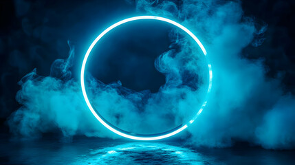 Glowing neon circle with blue smoke in dark studio.