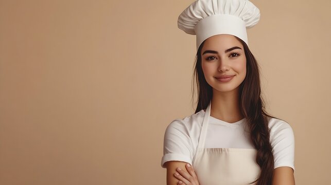 Full body side profile view smiling fun young housewife housekeeper chef baker latin woman wear apron toque hat look camera hold face isolated on plain pastel light beige background Co : Generative AI